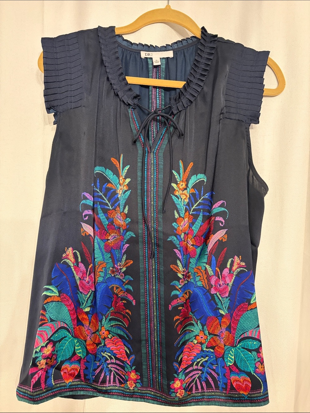 DR2 Silk Navy Embroidered Floral Sleeveless Camisole with Multicolor Accents